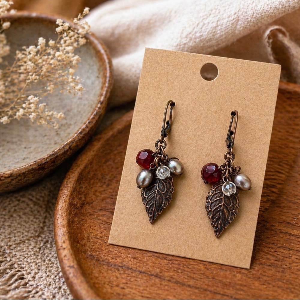 Artisan Copper Leaf Smoky Pearl Garnet Glass Earrings Boho Cottagecore Leverback
